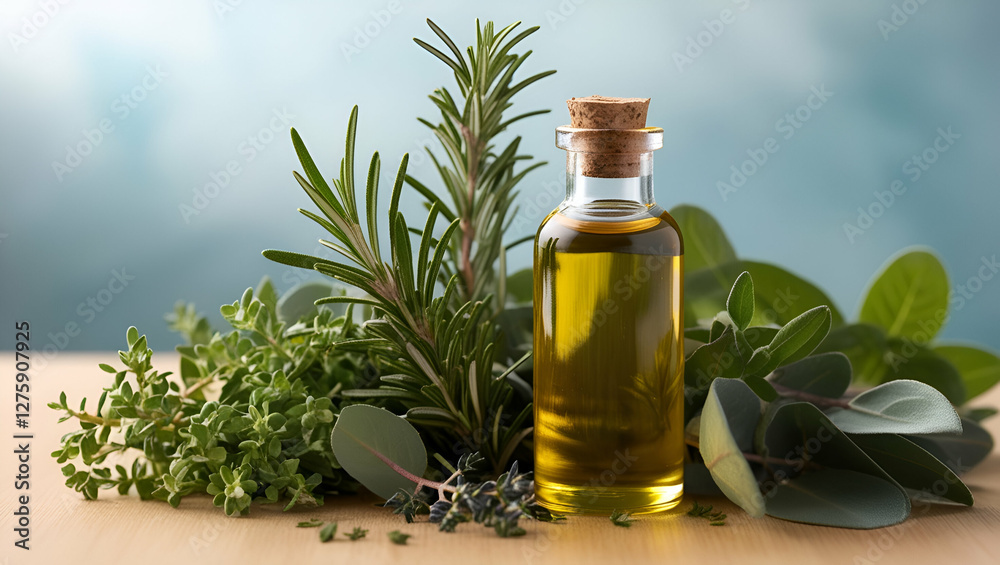 A serene and refreshing setting with a bottle of herbal aromatic oil, complemented by fresh green leaves and botanicals, perfect for holistic wellness. A serene and refreshing setting with a bottle of herbal aromatic oil, complemented by fresh green leaves and botanicals, perfect for holistic wellness.