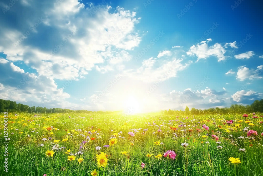 Fototapeta premium A meadow filled with colorful wildflowers under a vibrant blue sky