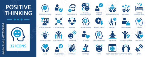 Positive thinking icon set.Optimism, happiness, patience, healthy life, meditation, supportive.