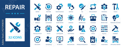 Repair icon set. Tools, fix, service, repairmen, broken, troubleshoot, toolbox.