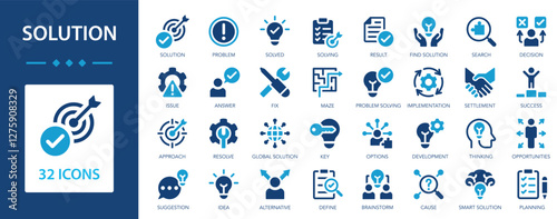 Solution icon set. Alternative, problem, resolve, define, answer, issue, goal, success.