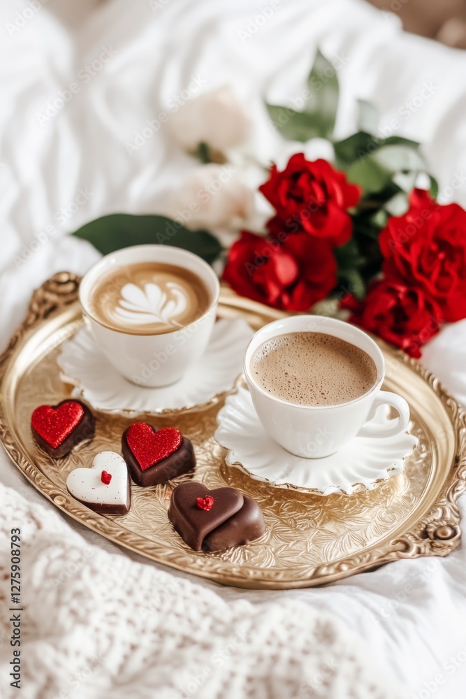 Romantic breakfast with coffee, roses, and heart-shaped chocolates on a golden tray Romantic breakfast with coffee, roses, and heart-shaped chocolates on a golden tray