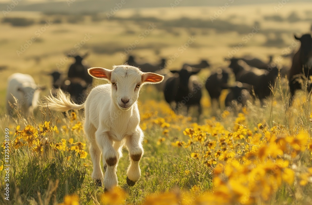 A cute white baby goat is playing on the green grass, with dandelions and the black silhouettes of other farm animals in the background. A cute white baby goat is playing on the green grass, with dandelions and the black silhouettes of other farm animals in the background.