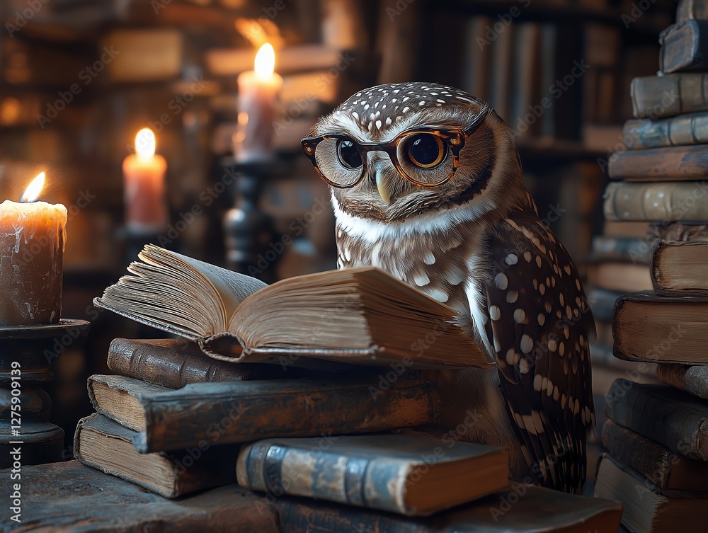 custom made wallpaper toronto digitalWise owl wearing glasses reading an old book in a dimly lit library, surrounded by stacks of antique books and glowing candlelight