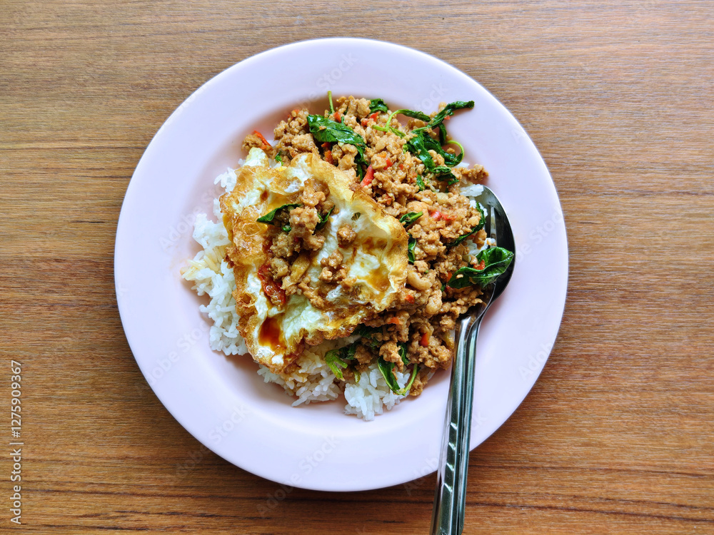 Steamed jasmine rice topped with stir-fried minced pork with holy basil and a crispy fried egg. Steamed jasmine rice topped with stir-fried minced pork with holy basil and a crispy fried egg.