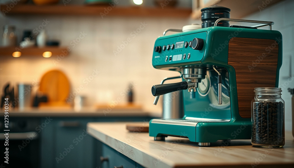 Fototapeta premium Modern coffee machine with cup on counter in kitchen.