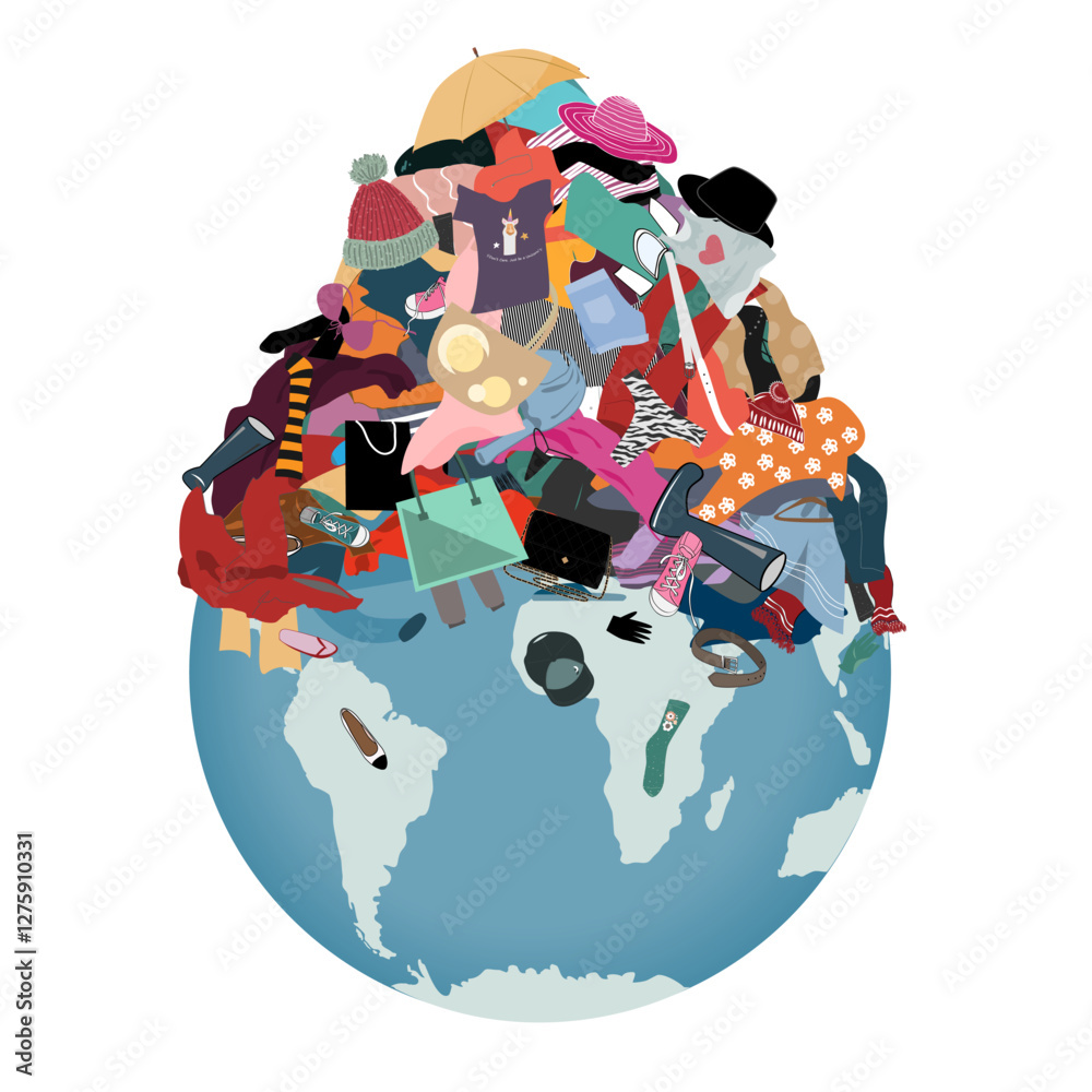 custom made wallpaper toronto digitalEarth planet with a Pile of Useless, Old, Cheap, and Oumoded Cothes on it. Clothes recycle and environment issues concept. Vector isolated illustration