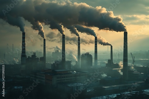 Industrial skyline featuring smokestacks and expelling emissions in urban setting. photo