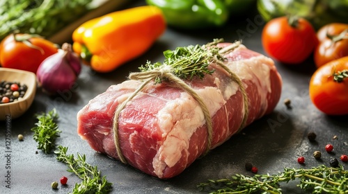 A raw pork roast tied with twine sitting on a table with farm-fresh vegetables.