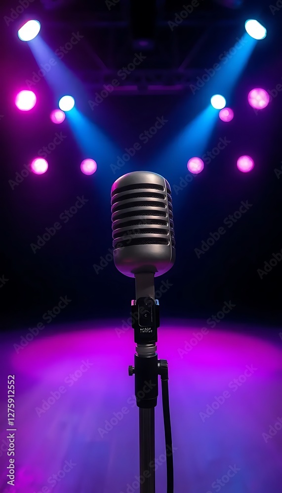 Obraz premium Vintage Vocal Microphone Dim Lighting A Concert Stage