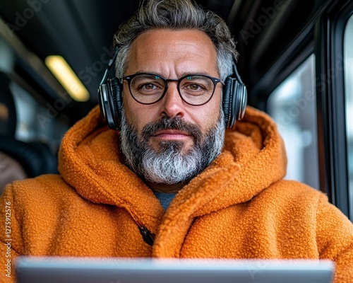 In the heart of transit, a focused professional works diligently on his laptop, ensconced in the comforting embrace of his orange hoodie Immersed in his tasks, oblivious to the world around him, he photo