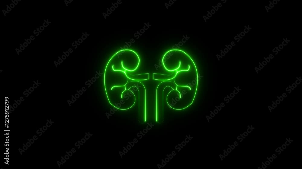 Glowing Human kidney icon animation. This renal system symbol is a neon kidney animation.Medical or Healthcare theme symbol animation illustration isolated on black background. Glowing Human kidney icon animation. This renal system symbol is a neon kidney animation.Medical or Healthcare theme symbol animation illustration isolated on black background.