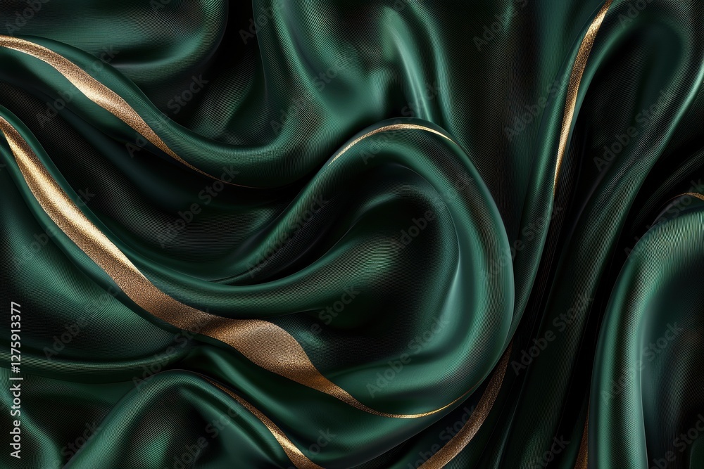 Obraz premium Rich Green Satin Fabric with Elegant Gold Accent Flowing Texture