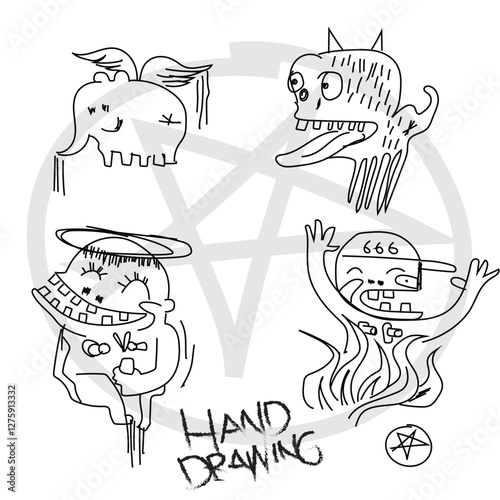 A set of surreal, hand-drawn black-and-white doodles of anthropomorphic