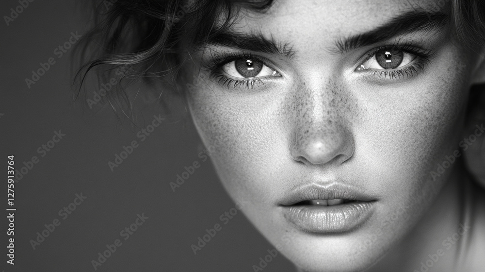 Fototapeta premium Soft Noir: A high-contrast black-and-white portrait, highlighting expressive eyes and deep shadows for a timeless cinematic feel.