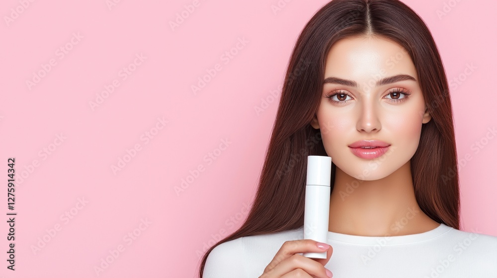 model with long hair holds a skincare product while smiling, set against a vibrant pink backdrop. setup highlights beauty and self-care in a professional atmosphere model with long hair holds a skincare product while smiling, set against a vibrant pink backdrop. setup highlights beauty and self-care in a professional atmosphere