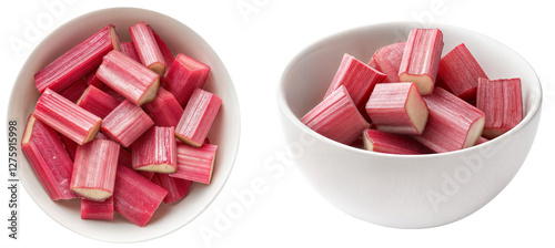 Fresh rhubarb chunks in white bowls, healthy and vibrant fruit for cooking and baking isolated on a transparent background