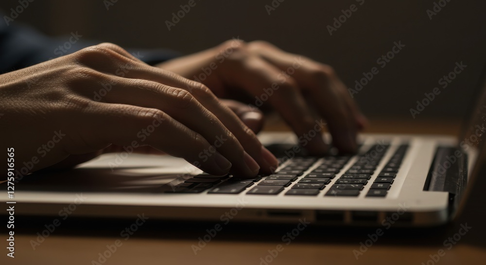 Close-Up of Hands Typing on Laptop in Warm Productive Office Close-Up of Hands Typing on Laptop in Warm Productive Office