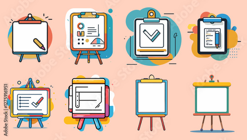 Sets icon collection of different illustrations of clipboards and easels with various designs, including checklists, charts, and blank pages, all set against a colorful background.