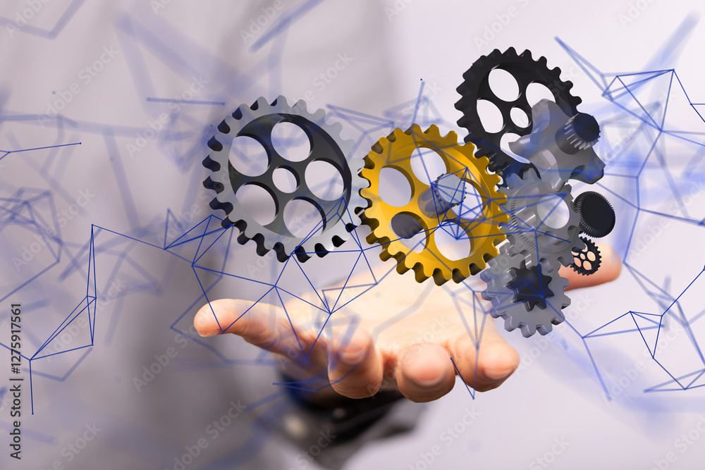 gear system data. Connecting lines and dots.Big data visualization - neural network exposure digital gear system data. Connecting lines and dots.Big data visualization - neural network exposure digital