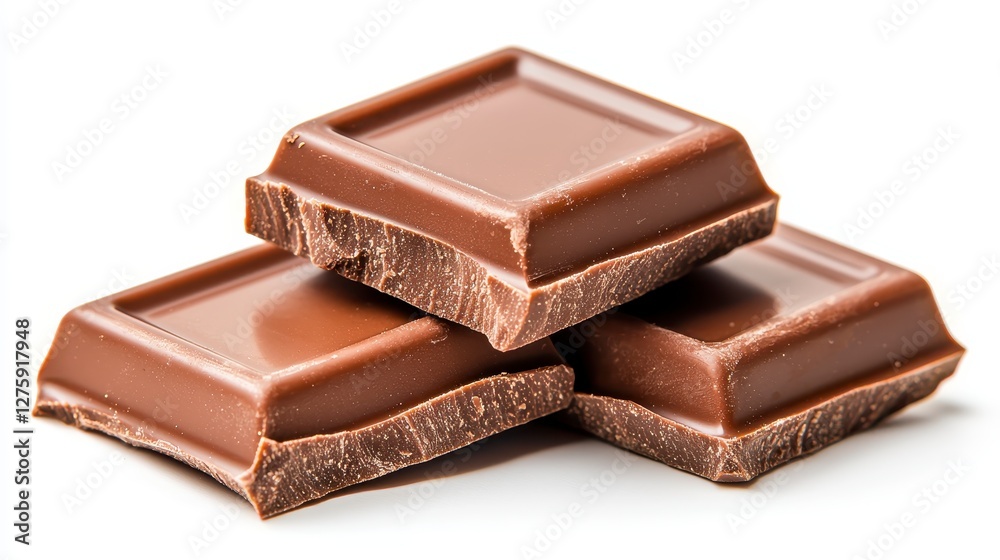 A richly textured pile of decadent chocolate pieces perfectly disposed on a clean white surface for visual appeal A richly textured pile of decadent chocolate pieces perfectly disposed on a clean white surface for visual appeal