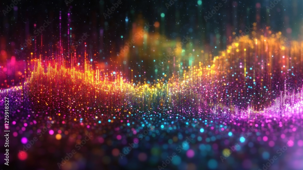 Obraz premium Colorful particle wave, digital art, dark background, data visualization