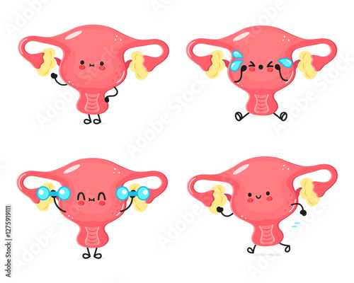 Cartoon Uterus characters in various playful expressions and activities