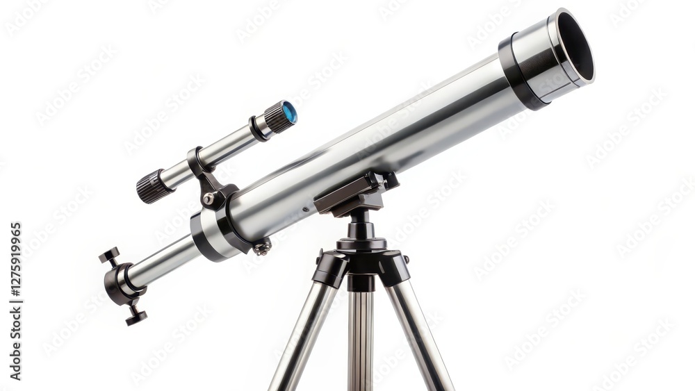 Refracting Telescope on Tripod, Isolated on White