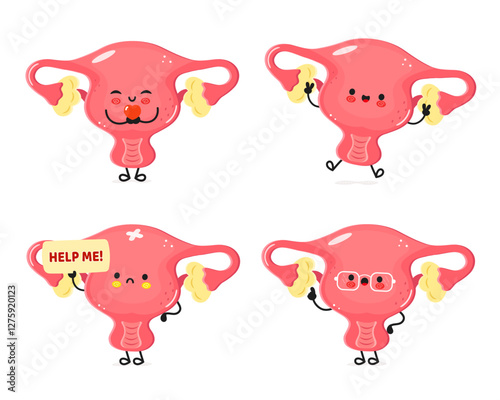 Cute cartoon Uterus characters with different emotions and expressions