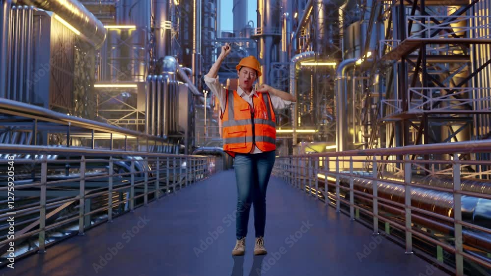 Full Body Of Asian Female Engineer With Safety Helmet Screaming Goal And Dancing Celebrating At A Vast Oil Refinery Full Body Of Asian Female Engineer With Safety Helmet Screaming Goal And Dancing Celebrating At A Vast Oil Refinery