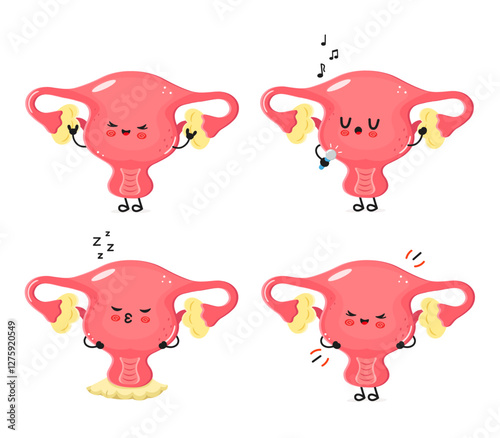 Cute animated uterus character expresses various emotions in a humorous and playful manner