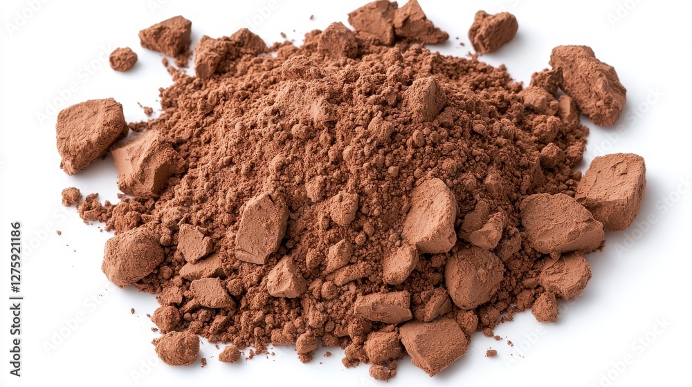 A heap of delicious dark chocolate powder ready for baking and culinary uses, displayed on a crisp white background A heap of delicious dark chocolate powder ready for baking and culinary uses, displayed on a crisp white background