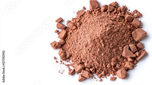 Abundant pile of premium dark chocolate powder on a fresh white background for use in baking, sweets, and culinary delights photo