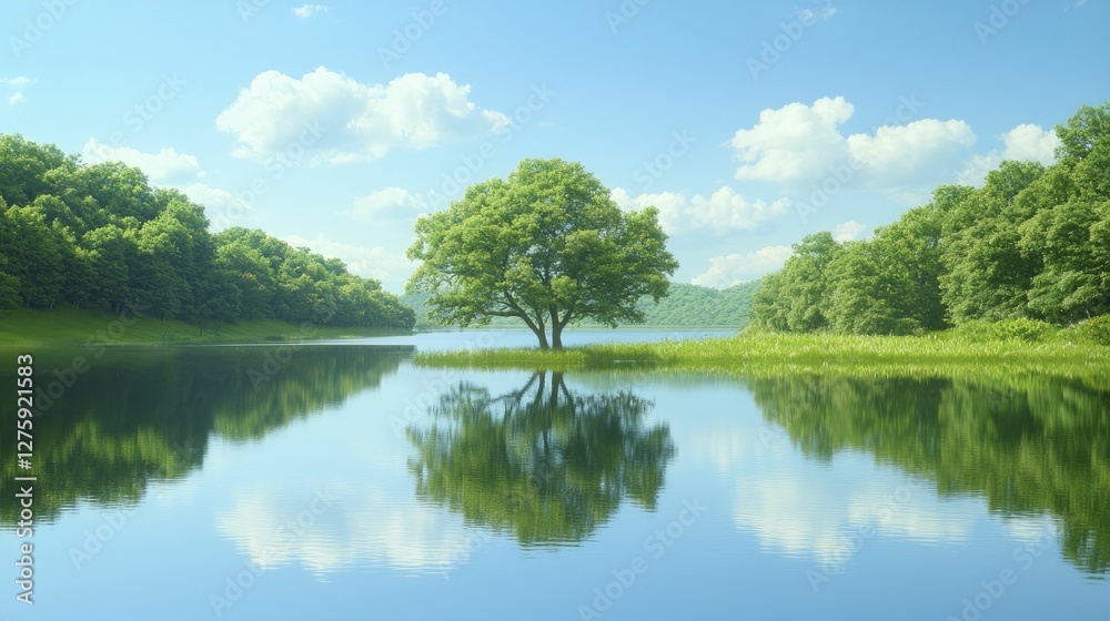 Fototapeta premium Tranquil lakeside wellness strolls with mirrored trees on calm water, soft ripples fostering a peaceful ambiance ideal for reflection.