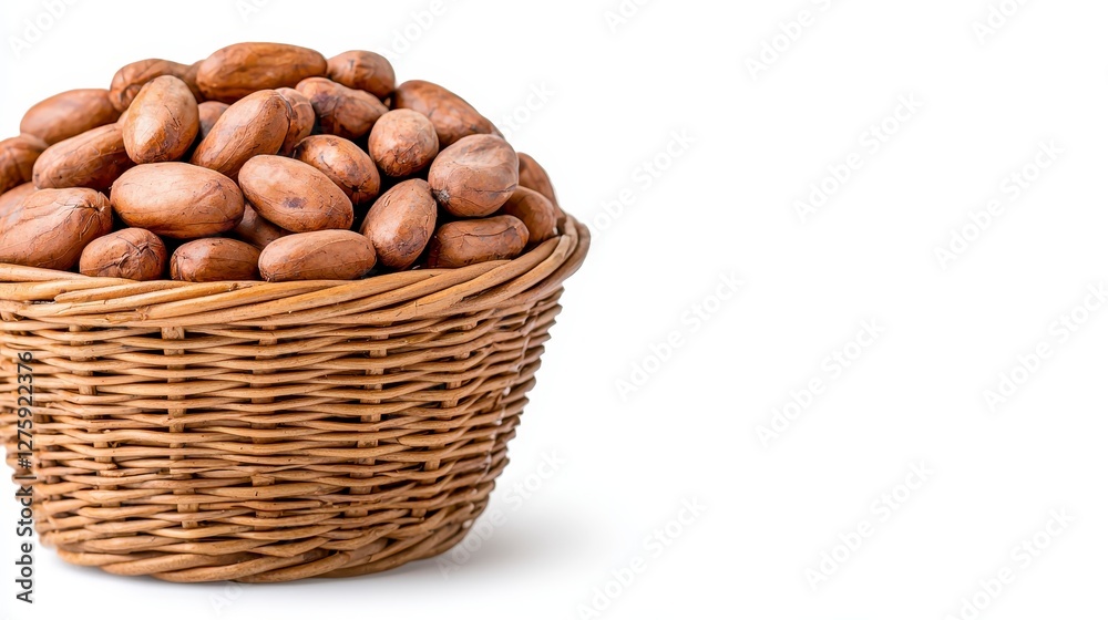 A vibrant basket overflowing with raw peanuts isolated on a clean white background, perfect for culinary or dietary themes A vibrant basket overflowing with raw peanuts isolated on a clean white background, perfect for culinary or dietary themes
