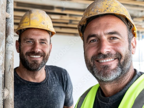 Wallpaper Mural Two construction workers stand close, embodying teamwork and dedication on the bustling job site Their safety gear highlights commitment to a secure environment They seem friendly and cooperative The Torontodigital.ca