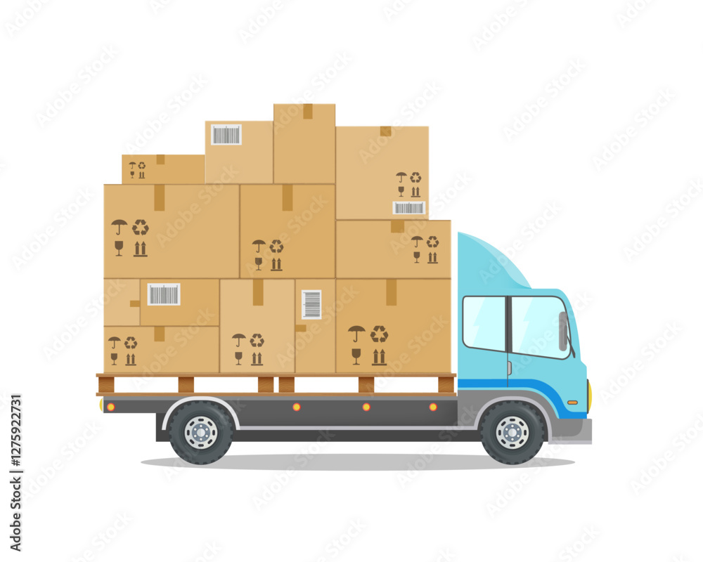 Delivery van with many cardboard boxes. Isolated on white background. Cargo delivery service and moving. Vector illustration Delivery van with many cardboard boxes. Isolated on white background. Cargo delivery service and moving. Vector illustration