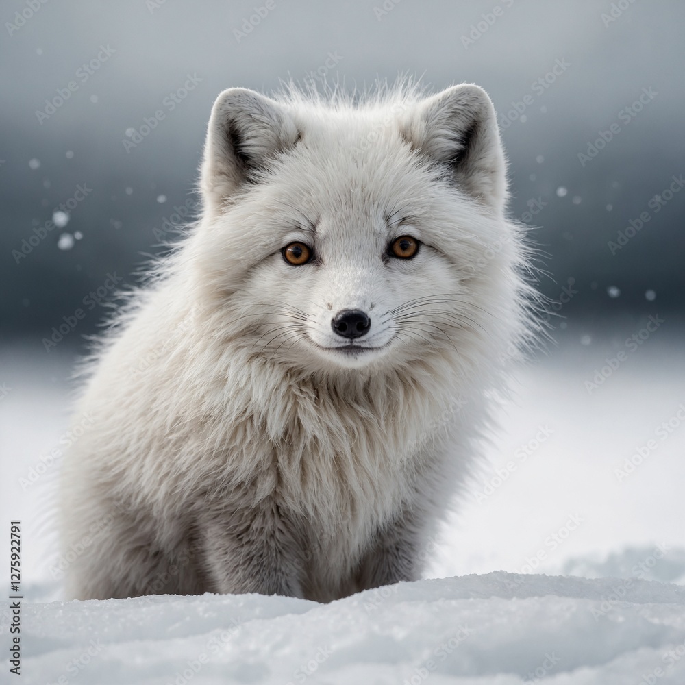 Naklejka premium A chibi-style Arctic fox with exaggerated fluffy features, cute and charming, against a white background.