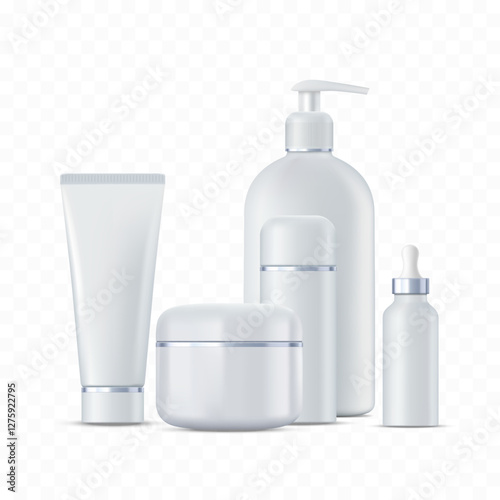 Mockups beauty product packaging and bottles. Face and body cream, soap, serum. Templates isolated on transparent background. Vector illustration