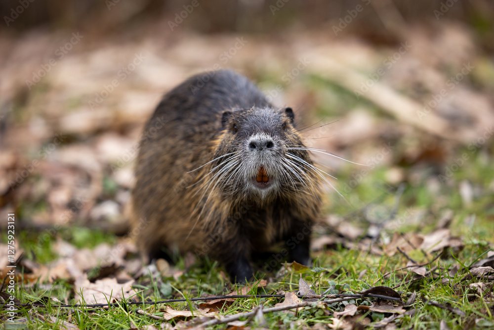 A nutria or coypu (Myocastor coypus) walks on a meadow with foliage A nutria or coypu (Myocastor coypus) walks on a meadow with foliage