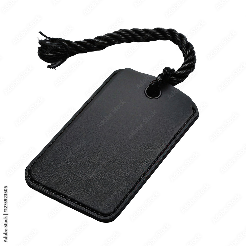 Fototapeta premium Blank black tag with string for labeling items isolated on png transparent background, cut out