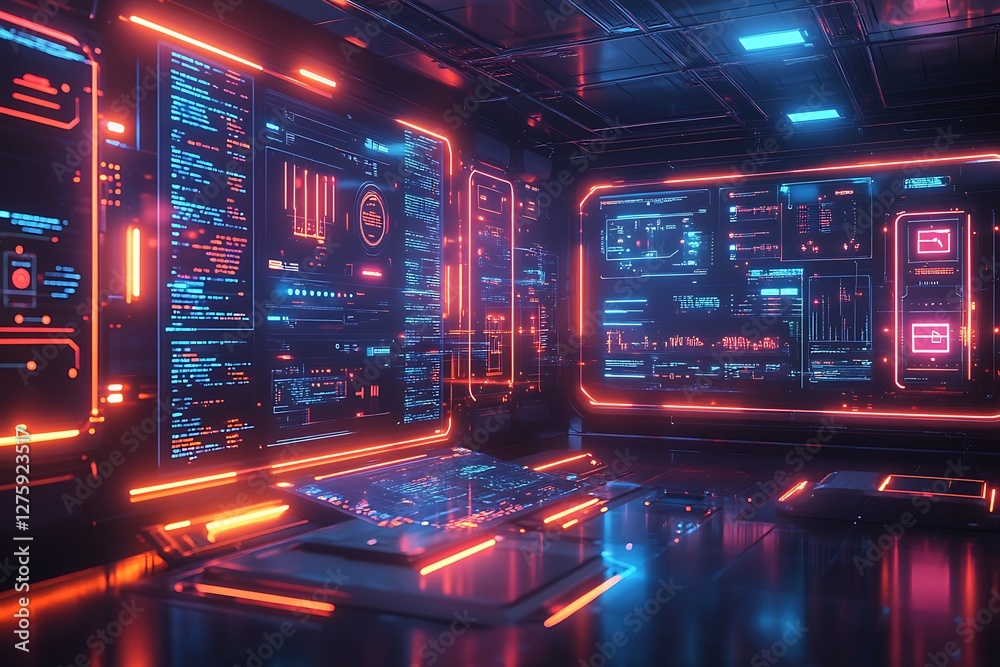 Futuristic data center featuring floating digital screens in a high-tech environment. Futuristic data center featuring floating digital screens in a high-tech environment.