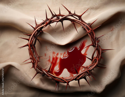Corona de espinas de nuestro señor jesucristo durante la pasión sobre una tela de lino con manchas de sangre photo