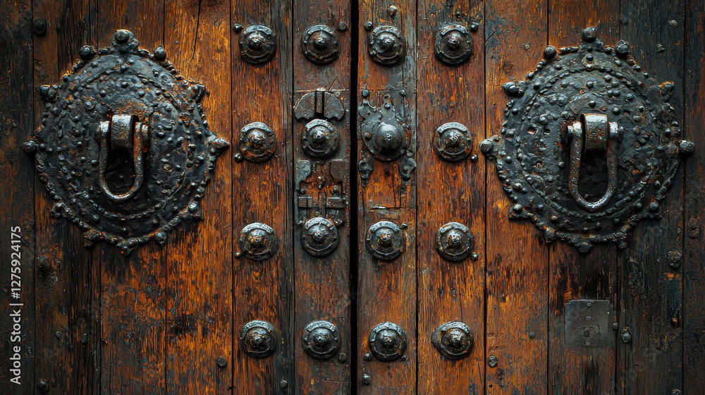 Close-up of ornate wooden door showcasing rich textures and intricate iron details Close-up of ornate wooden door showcasing rich textures and intricate iron details