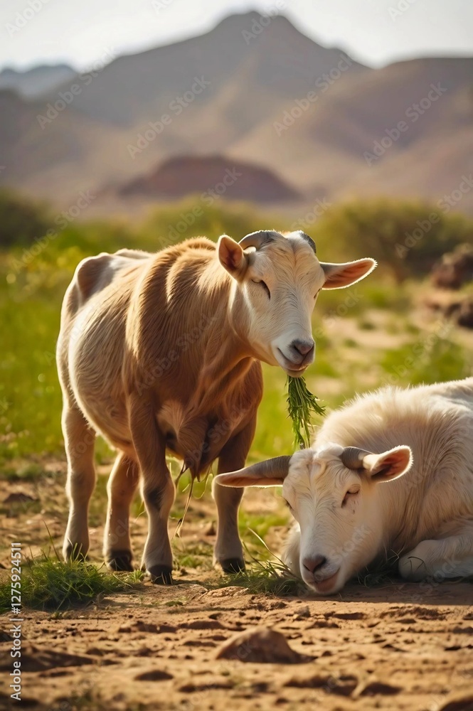 fat cow and a fat goat are eating grass, desert background fat cow and a fat goat are eating grass, desert background