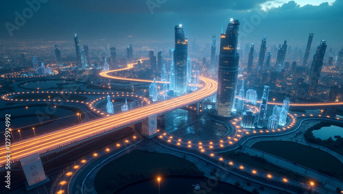an aerial view of a city at night