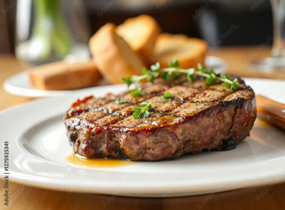 Single Gourmet Steak on Plate, Culinary Excellence in Simple Presentation Single Gourmet Steak on Plate, Culinary Excellence in Simple Presentation