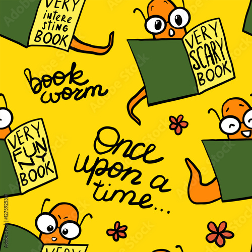 Book worms in eyeglasses reading seamless pattern; Handwritten doodle text, flowers and scary, funny and interesting book genres. Bookworms hand drawn illustration on bright yellow background