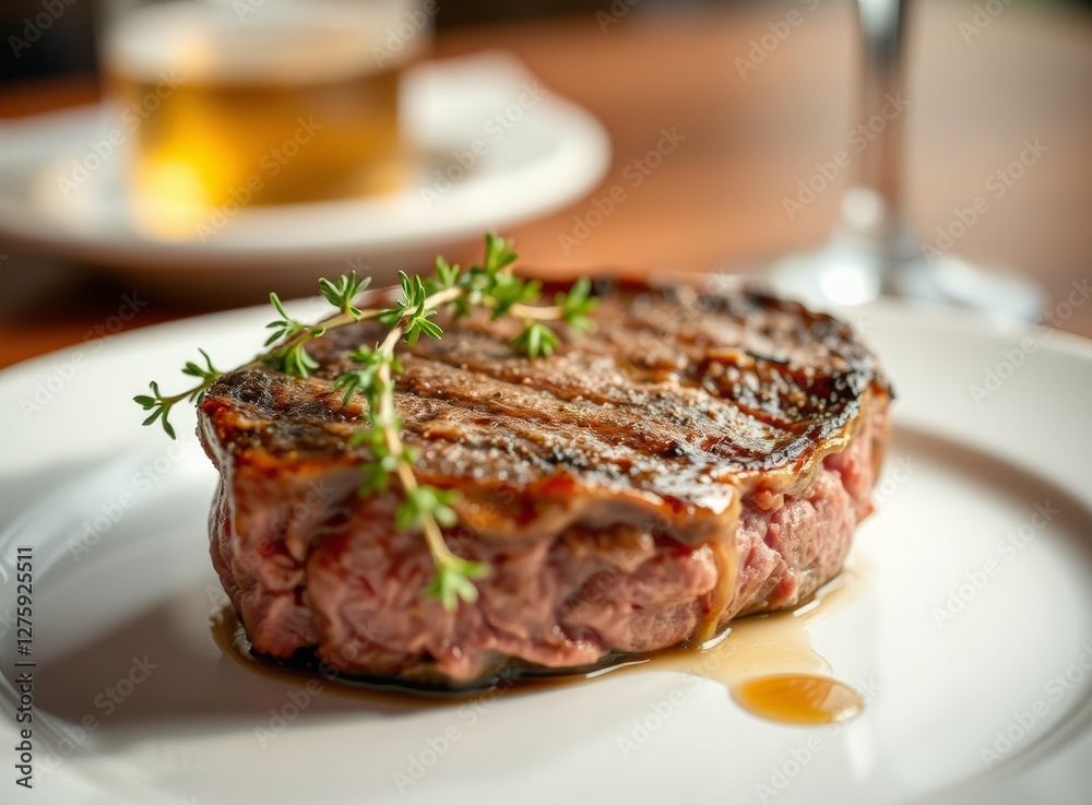 Perfectly Grilled Medium Rare Steak Served on White Plate with Fresh Herbs Decor Perfectly Grilled Medium Rare Steak Served on White Plate with Fresh Herbs Decor