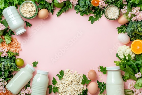 Healthy food frame on pink background photo